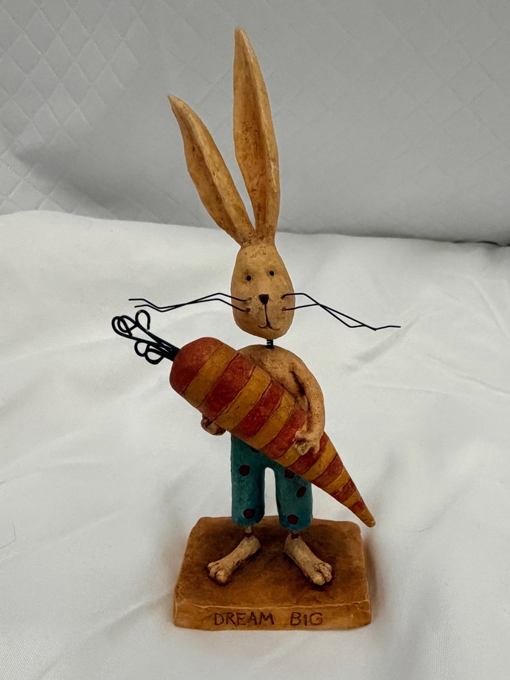 Handcrafted Bunny Figurine in Tan and Teal - Dream Big